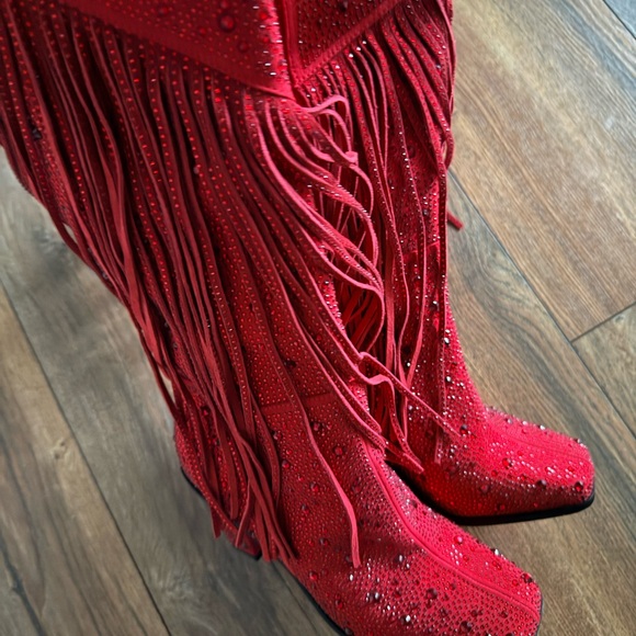 Jessica Simpson Red Rhinestone Fringe Heeled Boots - Picture 2 of 4